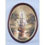 An Oval Framed Oil on Board, Ship at Dusk, Signed Tom Gower, 45x35cm