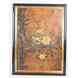 A Vintage Painted Leather Panel Depicting Roses and Pansies, 39x55cms