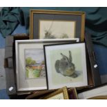 A Framed Print of Albrecht Durer's Hare, Framed Watercolour and a Print of an Owl (Glass AF)