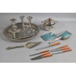 A Collection of Various Silver Plated Items to include Circular Galleried Tray, Vases, Candleholder,