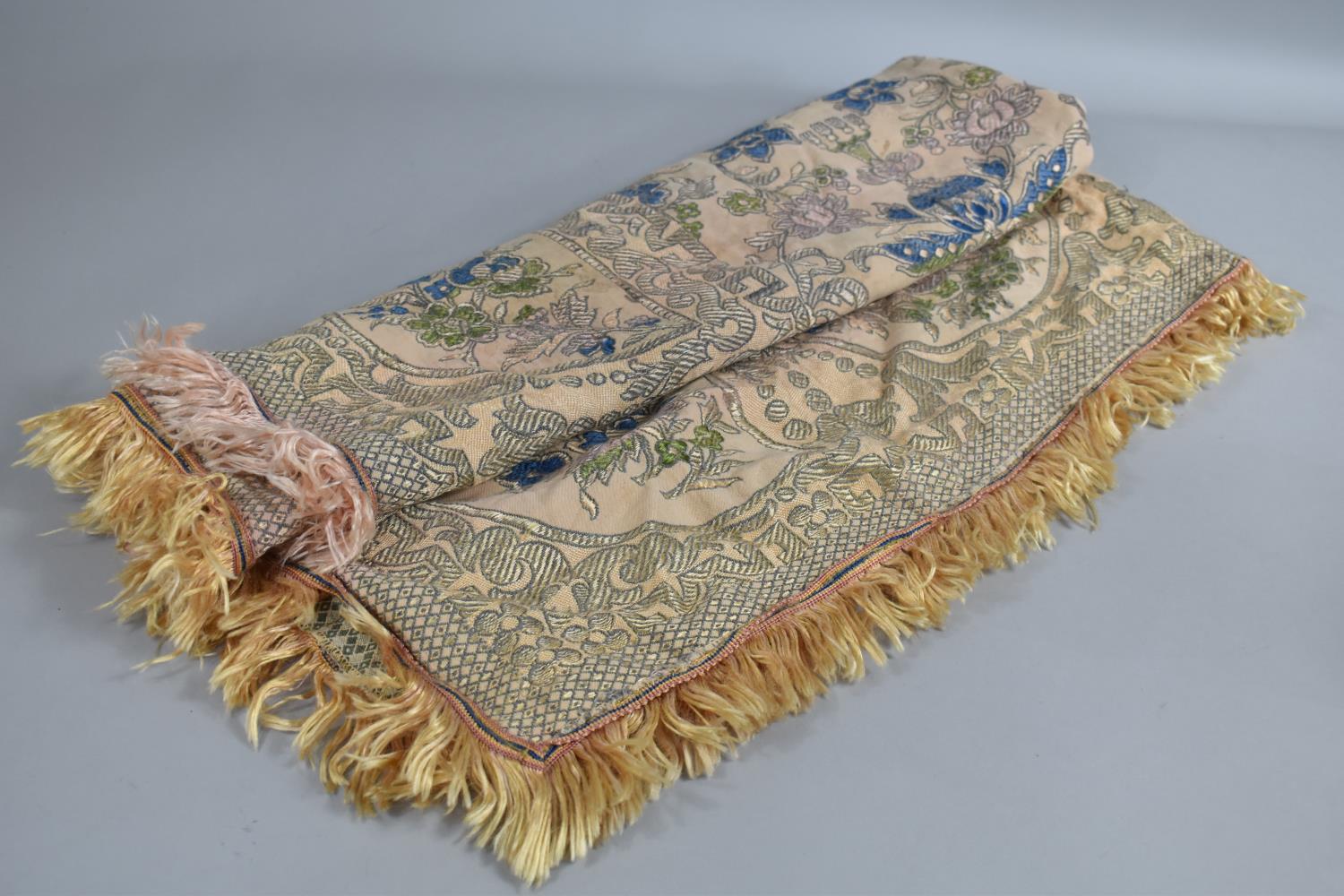 A Chinese Silk Embroidered Square Panel with Fringing 120cms