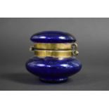A 19th Century Hand Blown "Bristol Blue" Glass Pot with Metal Mount and Hinged Lid, 7cms High