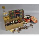 A Collection of Curious to include Farm Animal Toys, Bells Whisky Bottle, Bassetts Box Lid, Tin of