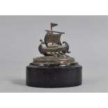 A Miniature Silver Study of a Ship on Wooden Ebonised Oval Plinth, 6.5cm high