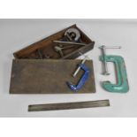 A Vintage Wooden Box Containing Engineering Rules and Tools together with Two G-Clamps