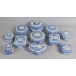 A Collection of Wedgwood Jasperware Blue and White Lidded Boxes, 11 Pieces in Total