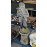 A Reconstituted Painted Stone Garden Ornament, Young Boy on Plinth Base of Waisted Form, Decorated