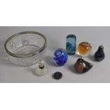 A Collection of Various Glass to Comprise Paperweights, Iridescent Studio Glass Pear Example, Silver