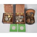 Two Mahogany Boxes and a Leather Example Containing Various Coins and Crowns