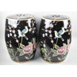 A Pair of Oriental Ceramic Seats of Barrel Form decorated in Coloured Enamels on Black Ground