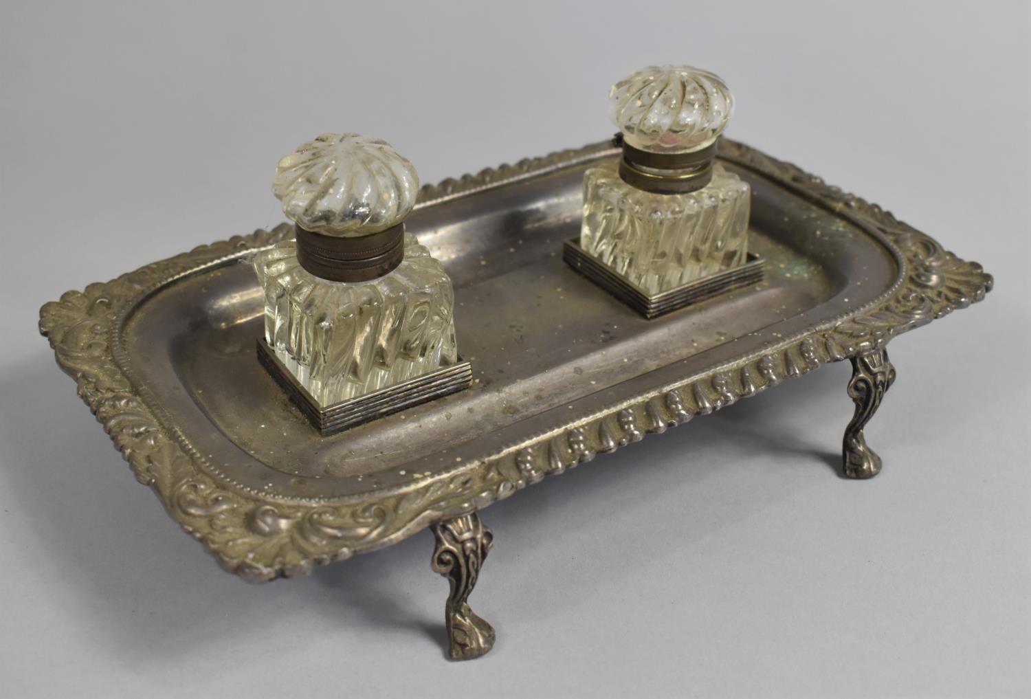 A Late 19th/Early 20th Century Silver Plated Pen and Ink Desktop Tray on Four Scrolled Feet, Two Ink - Image 2 of 4