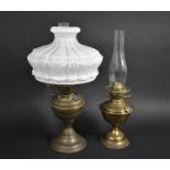 Two Brass Oil Lamps with Chimneys and a Large Opaque Moulded Shade