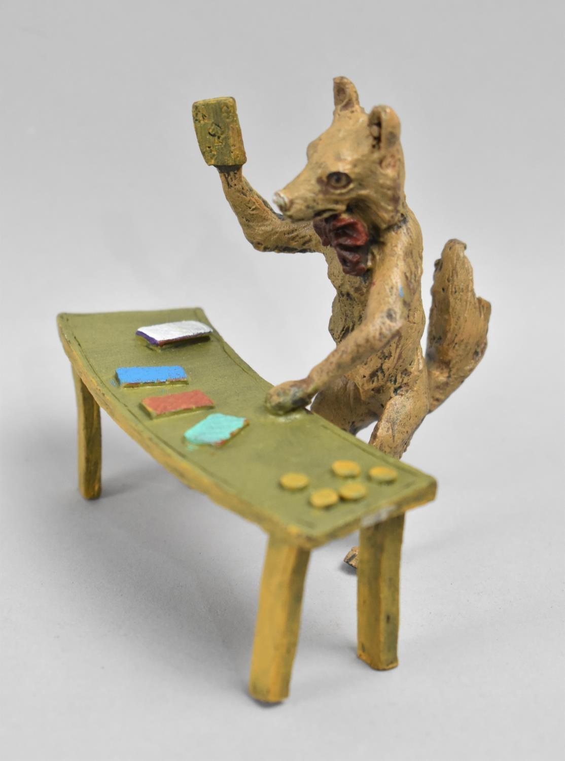 A Novelty Cold Painted Bronze Study of Anthropomorphic Fox Playing "Find The Lady", 10cms Wide