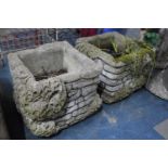 A Pair of Reconstituted Stone Garden Planters of Square Stylised Brick form, 30cm High and 35cm