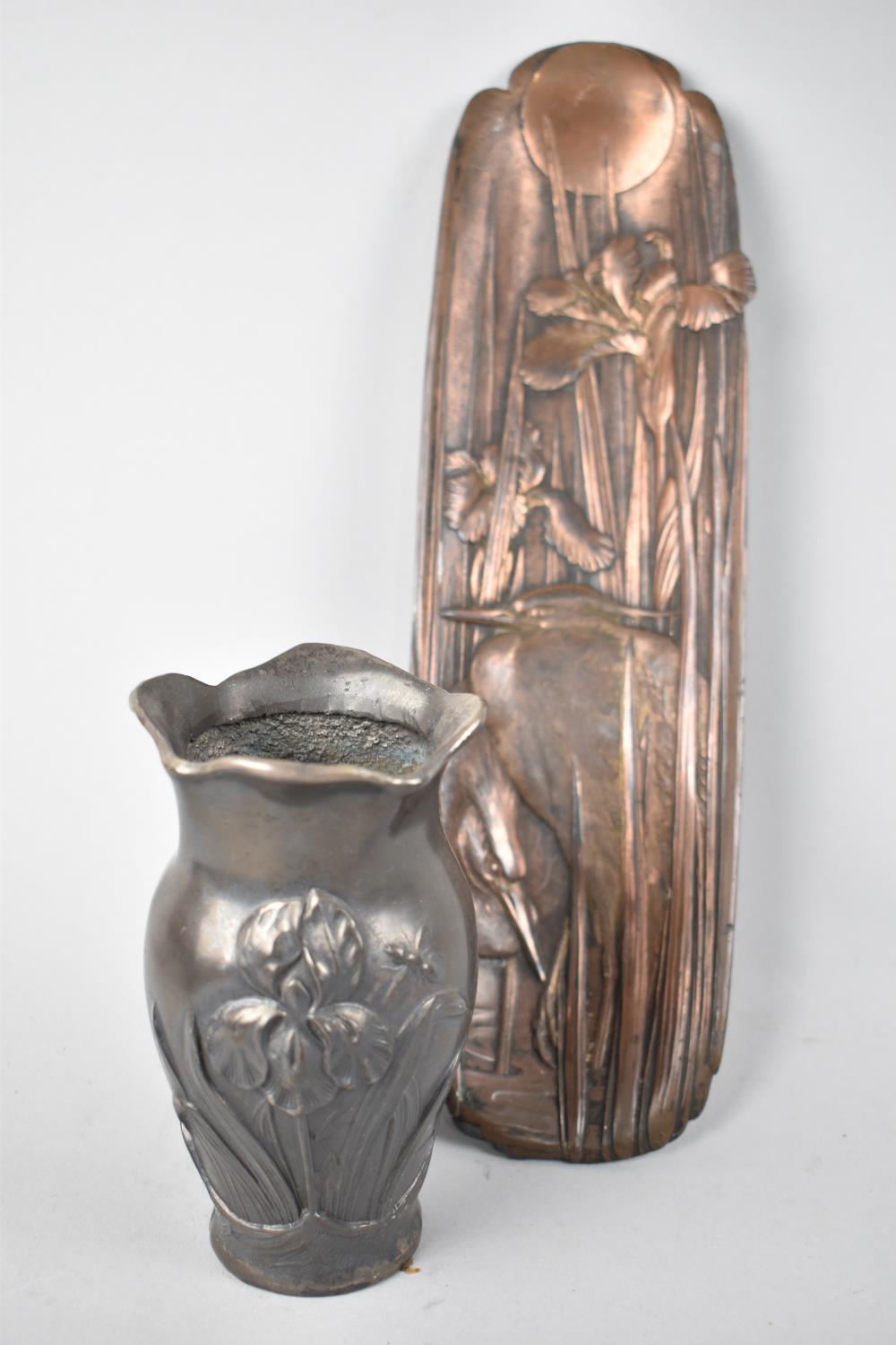 An Art Nouveau Pewter Vase Decorated in Relief with Irises and Insects Together with an Oriental