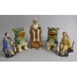 A Pair of Sancia Glazed Temple Lions Together with a Chinese Mud Man and Two Chinese Porcelain