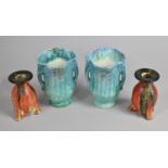 A Pair of Drip Glazed Art Deco Candlesticks Together with a Pair of Twin Handled Vases of Lobed Form