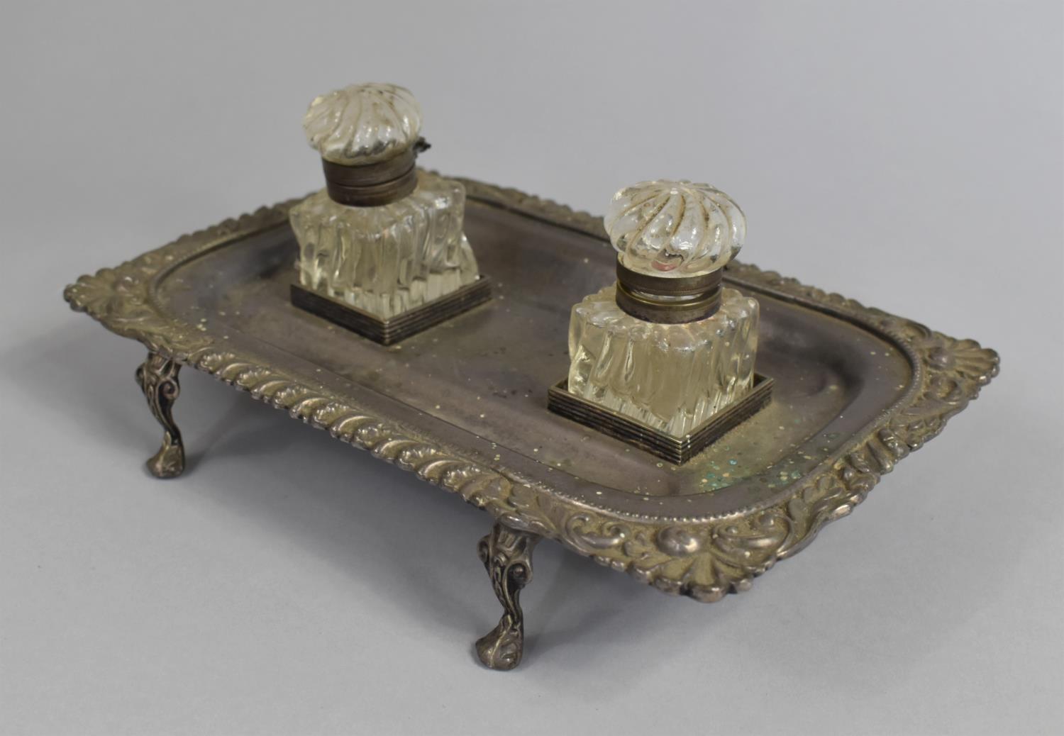 A Late 19th/Early 20th Century Silver Plated Pen and Ink Desktop Tray on Four Scrolled Feet, Two Ink - Image 3 of 4