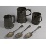 A Collection of Early Pewter Tankards and Spoons, Some Condition Issues