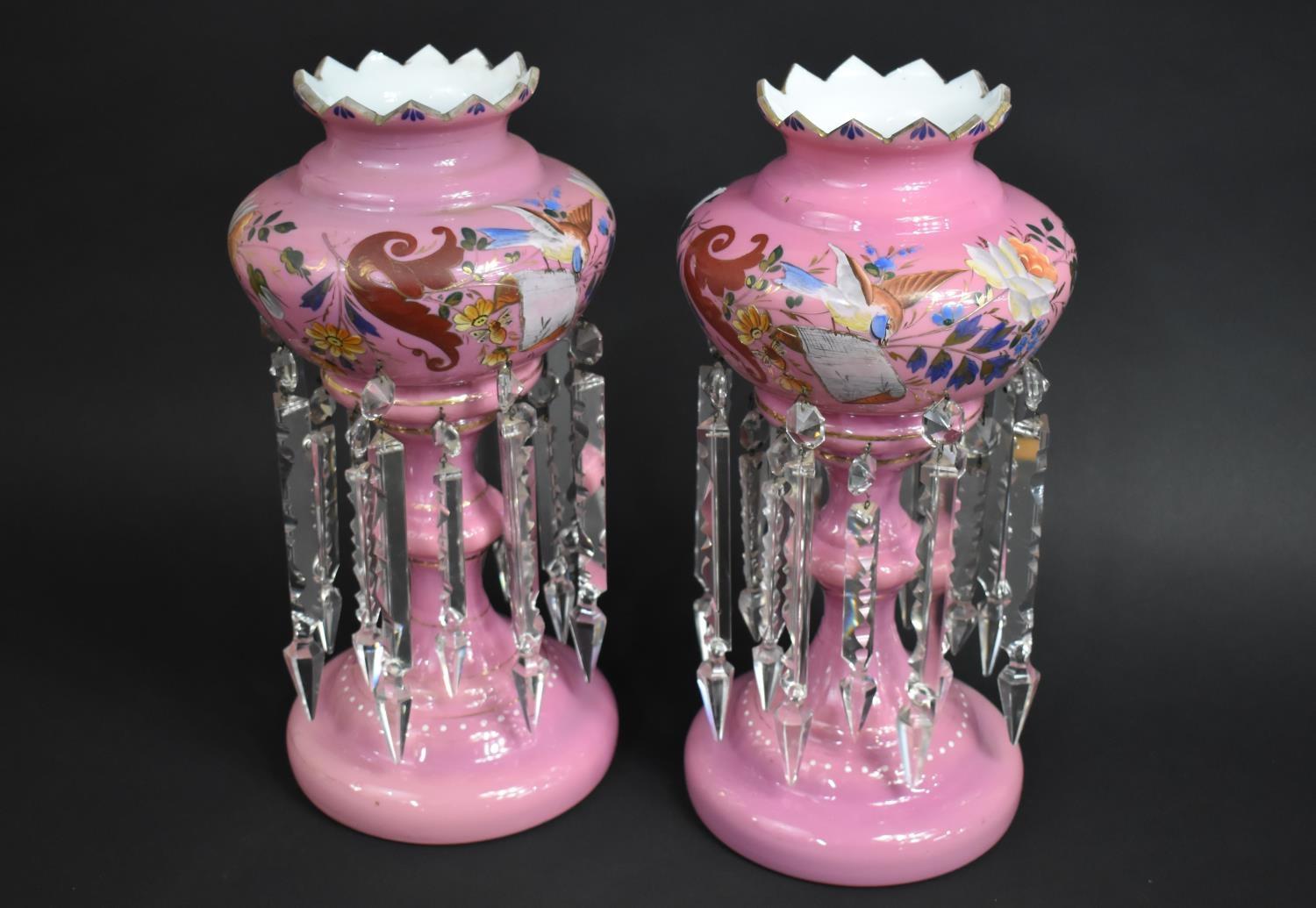 A Pair of Late Victorian Pink Glass Lustres with Hand Painted Bird and Flower Design having - Image 2 of 2