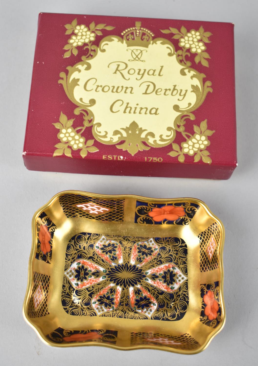 A Royal Crown Derby Rectangular Imari Pin Tray in Original Cardboard Box, 9.5cm wide