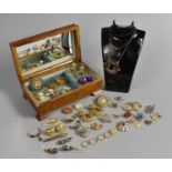 A Vintage Wooden Spanish Jewellery Box Containing Various Vintage and Contemporary Gilt Jewellery to