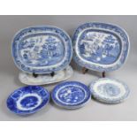 A Collection of Various Blue and White to Comprise Plates, Willow Pattern Platters etc