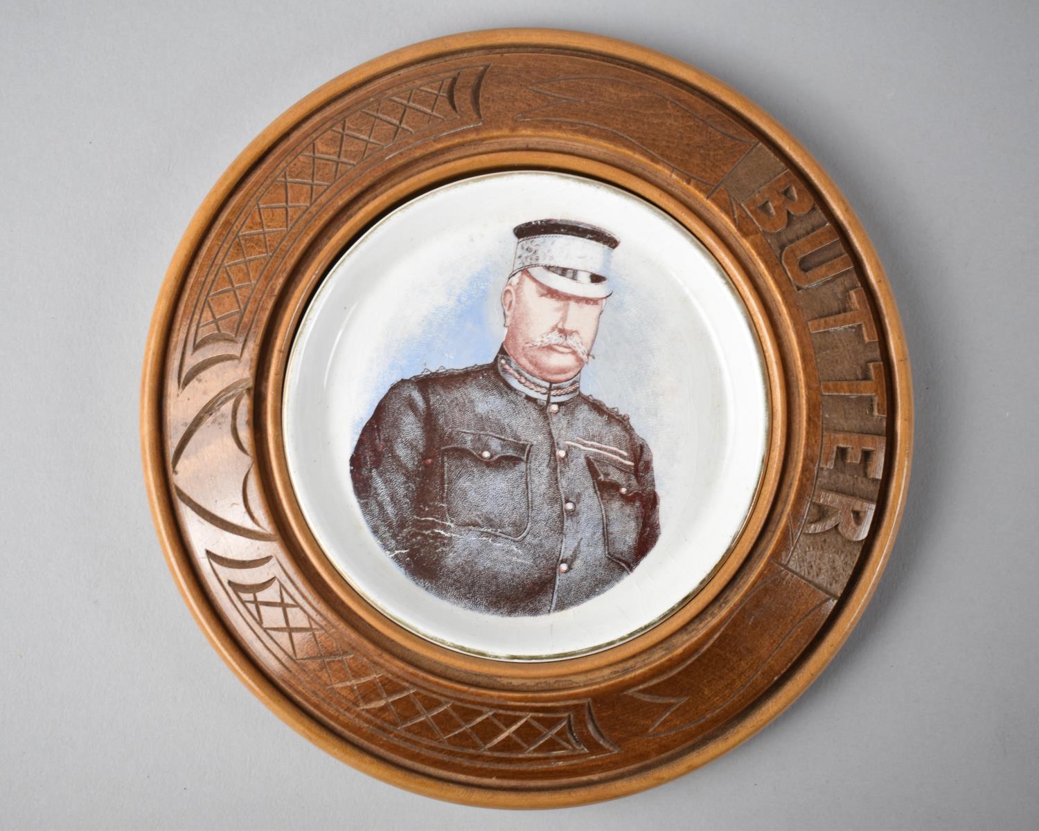 A Circular Wooden and Ceramic Military Butter Dish, 17cm Diameter