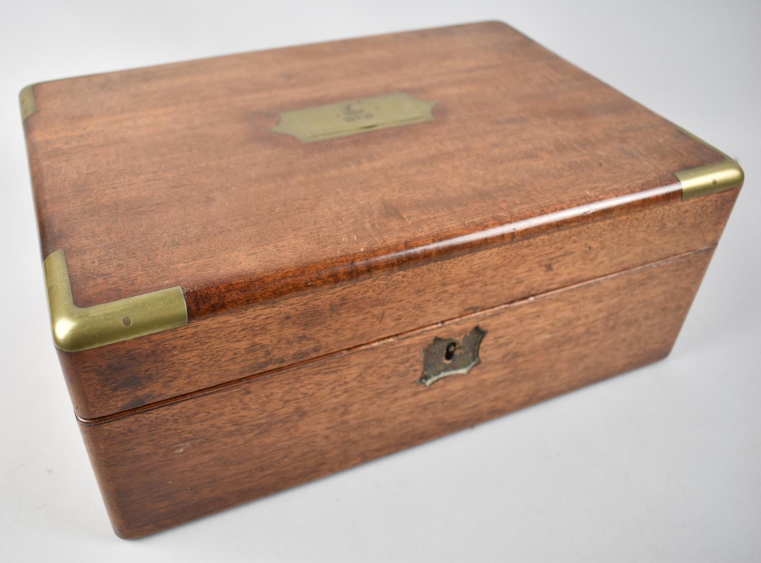 A 19th Century Mahogany Campaign Style Work Box with Inset Brass Carrying Handle having Monogram and