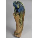 A Large Carved Wooden Study of Iguana on Tree Trunk. 55cm high