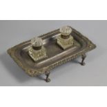 A Late 19th/Early 20th Century Silver Plated Pen and Ink Desktop Tray on Four Scrolled Feet, Two Ink