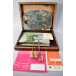 An Edwardian Artists Box, Containing Palette, Compasses, Pamphlets etc