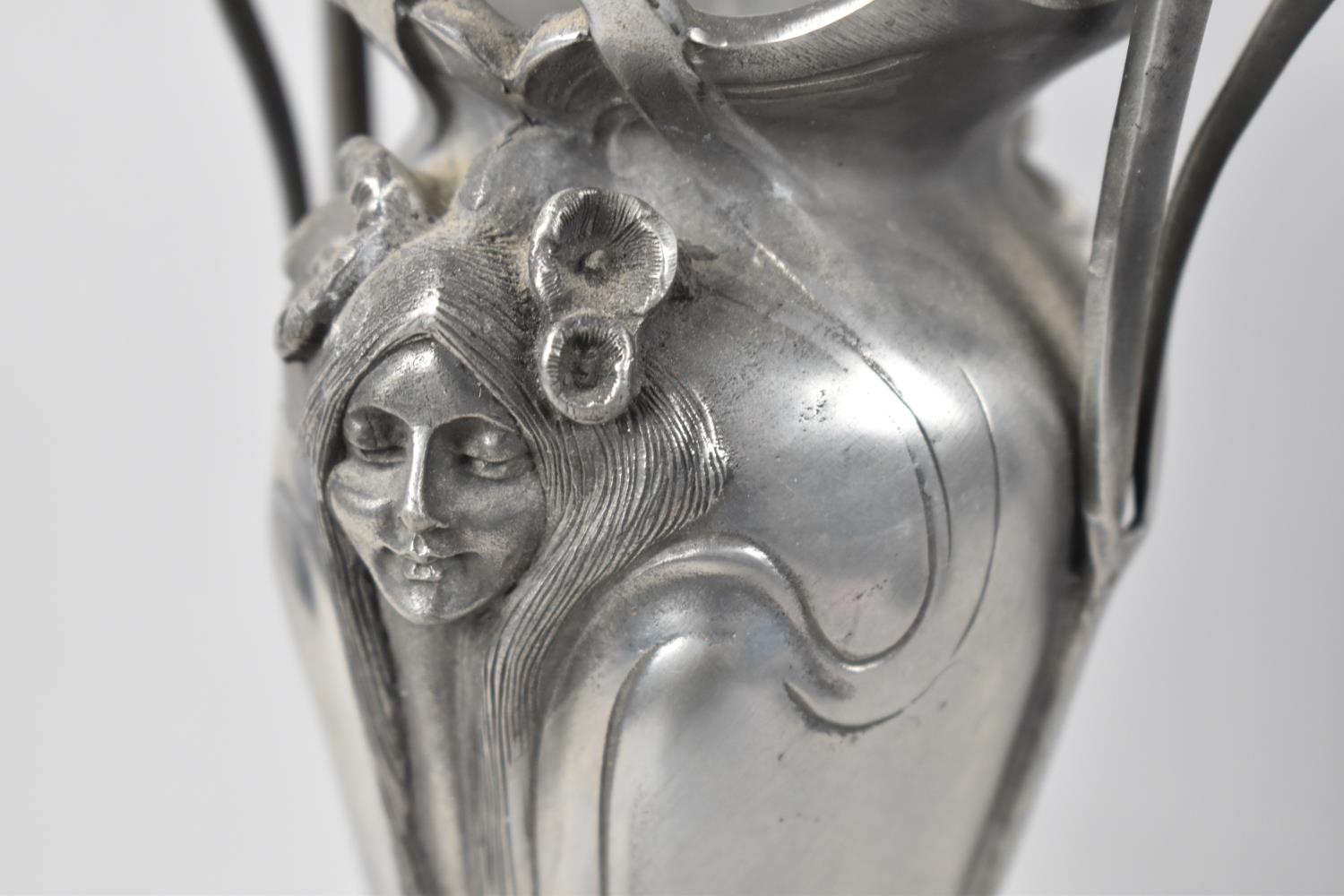An Art Nouveau Cast Pewter Vase with Maiden Mask Decoration to Either Side by Thomas Williams, - Image 2 of 3