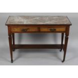 An Edwardian Marble Topped Two Drawer Side Table on Tapering Square Supports, 108cm wide