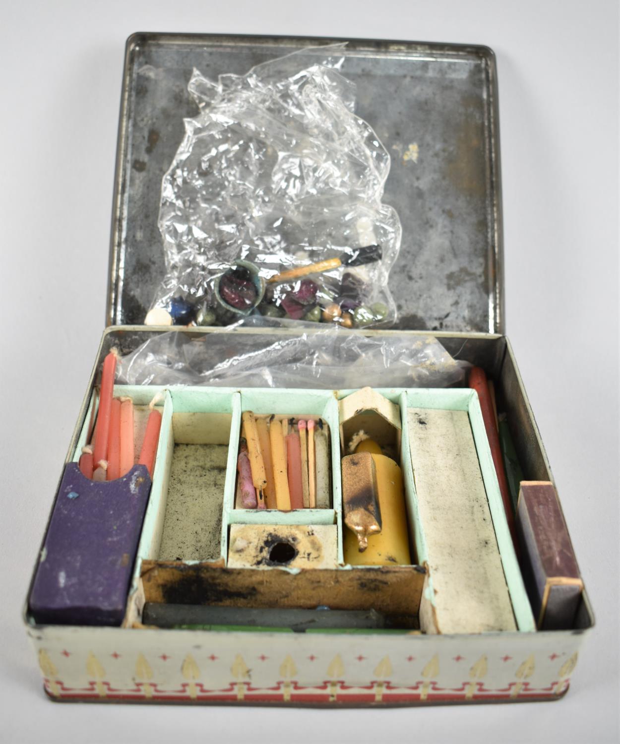 A Vintage Tin Containing Sealing Wax Set, Candles etc