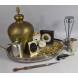A Large Oval Galleried Silver Plated Tray Together with a Large Brass Lamp of Baluster Form, Slate
