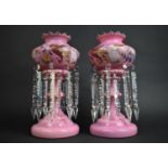 A Pair of Late Victorian Pink Glass Lustres with Hand Painted Bird and Flower Design having