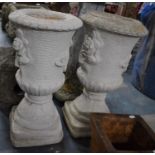 A Pair of White Painted Stoneware Planters of Campana Urn Form Decorated in Relief with Floral