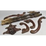 A Collection of Various Furniture Mounts, Carved Supports and a Hardwood Walking Stick (AF)