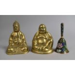 Two Modern Brass Buddhas and an Cloisonne Bell