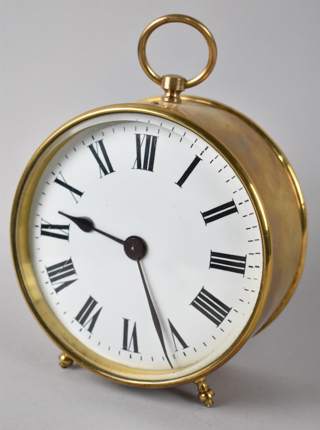 A Circular Brass Drum Clock, Movement Requires A Little Attention, 13.5cms Diameter