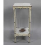 A White Painted Two Tier Square Topped Stand with Faux Bamboo Supports and Stretcher Shelf, 70cms