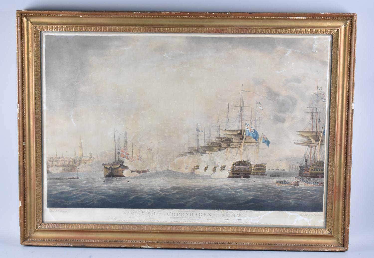 A Framed Coloured Engraving, The Battle of Copenhagen After T Whitcombe, 72x49cms