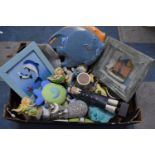 A Box of Sundries to include Fish Plaques, Fishing Boat Diorama, Carved Wooden Sailor Etc