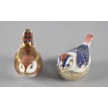 Two Royal Crown Derby Bird Paperweights, One with Gold Button, Wren with Silver Button