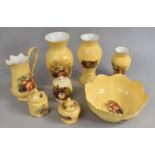 A Collection of Aynsley Orchard Gold, to include 3 graduated vases, jug, fruit bowl and preserve
