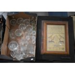 A Box of Various Glassware together with a Printed reproduction Sampler and an Oak Framed Print