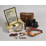 A Collection of Various Curios to include Pair of Leather Cased Binoculars, Military Photograph,