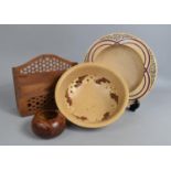 Two Decorated Wooden Bowls and a Pierced Far Eastern Stationery Rack