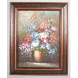 A Carved Wooden framed Still Life Oil on Board, Vase of Flowers, 29x39cms